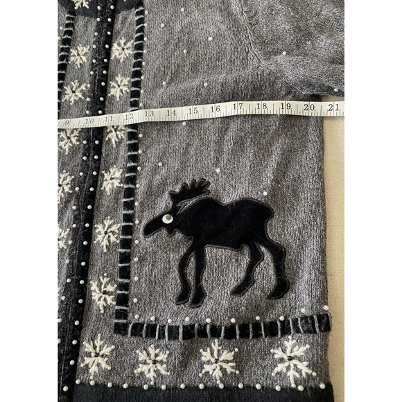 Vtg Timber Lea Cardigan Womens Medium Dark Grey Moose Holiday Zip Up Sweater - Picture 8 of 12